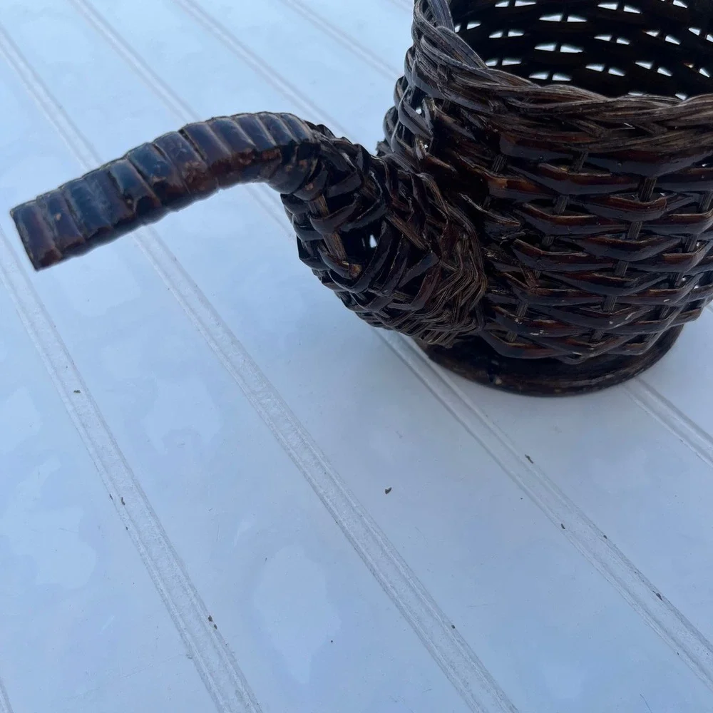 Vintage Dark Brown Wicker Smoking Pipe Shaped Basket Novelty Decor Wood Base